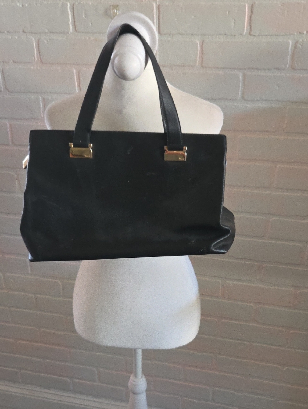 Classic Black Leather Tote Bag with Gold Accents